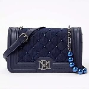 Badgley Mischka Denim Diamond Quilted Crossbody Bag Purse Blue Pearl Strap NWT